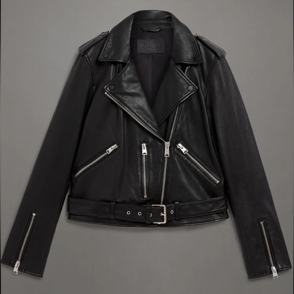 AllSaints Balfern Belted Hem Leather Biker Jacket - Picture 4 of 13
